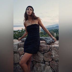 ZARA NWT Black Strapless Linen Blend Ruched MINI Dress Size Large Zip Closure